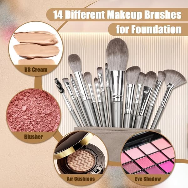 Complete Travel Makeup Brush Set - 14 Professional Eye Shadow and Foundation Brushes - Includes Case