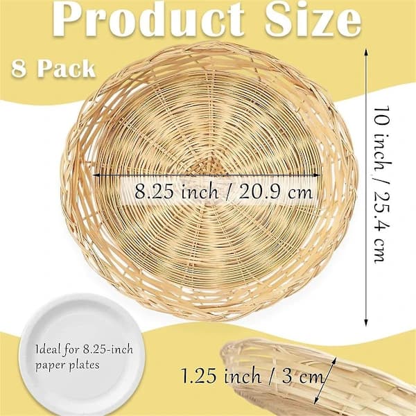 8-pack Bambu Papperstallrikshållare, 25 cm Återanvändbara för Middagstallrikar Handvävda Korgar för Papperstallrikar