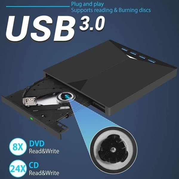 Ulkoinen DVD/CD-ROM-lukija ja -kirjoitin - Musta, SD/TF-kortinlukijalla ja USB:llä - Windows 7/8/10/Vista/XP/Mac OS_NN -käyttöjärjestelmille