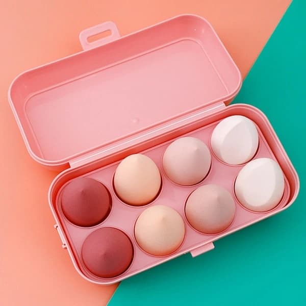 Makeup Blender Puderpuff Sminksvamp med förvaringslåda 8 st rosa låda 1