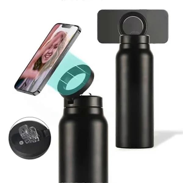 /NN/Isoleret vandflaske, med magnetisk telefonholder, sort{f2}