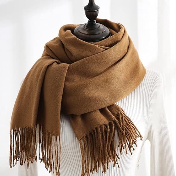 Damvävd halsduk, mjuk imitation kashmir polyester, lång bred fransad sjal för höst vinter, mörk kamel, 70 x 200 cm Light camel
