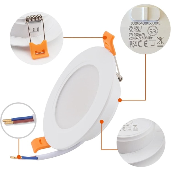 Smal LED-Downlight 230V 5W 6-pack, Inbyggd Taklampa, 4000k LED-Spotlight, IP54 Takspotlight för Badrum, Vardagsrum, Kök och Sovrum