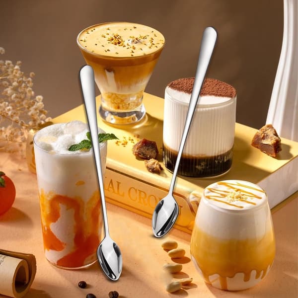 Langhåndterede dessertskeer sæt med 10, rustfrit stål Latte Macchiato is teskeer til hjemmecafébar, sølv 19,5 cm