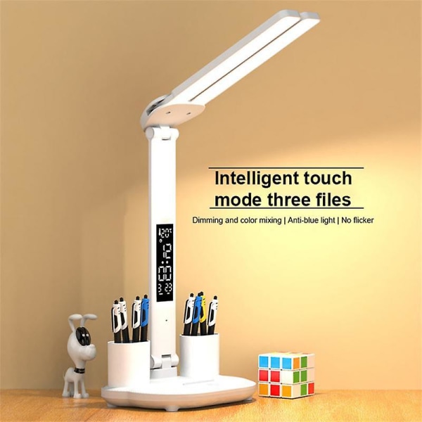 Led skrivbordslampor USB Dimbar Touch Vikbar bordslampa med kalendertemperaturklocka Nattlampor för studier Läslampa A292