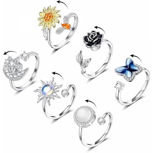 Fidgetringe til kvinder, spinnerring mod angst, justerbart CZ solsikke sommerfugl rose stjerne måne stressreducerende åbne ringsæt