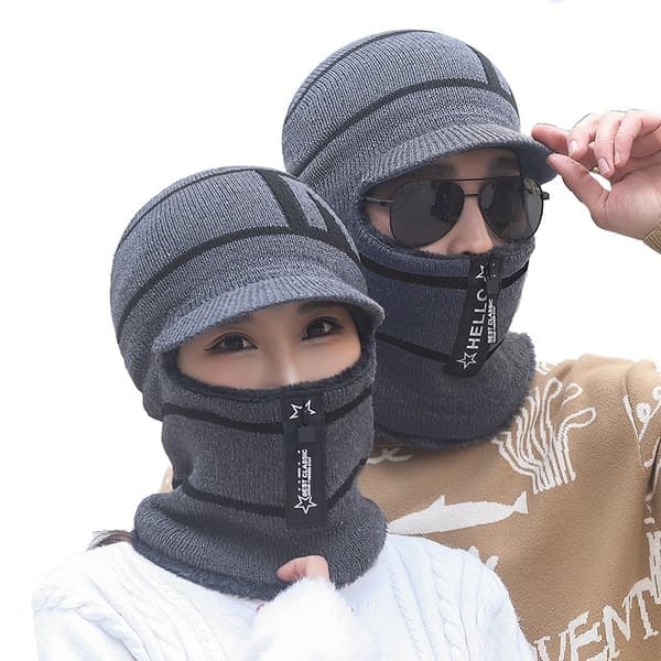 [NT] Balaclava - Neulottu kasvonaamio vetoketjulla ja pipo harmaa