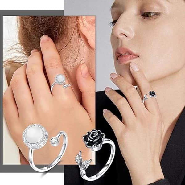 Fidgetringe til kvinder, spinnerring mod angst, justerbart CZ solsikke sommerfugl rose stjerne måne stressreducerende åbne ringsæt
