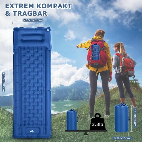 Oppblåsbart liggeunderlag for camping og fotturer, blå