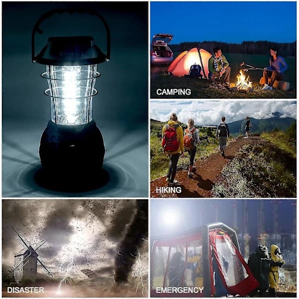 Campinglykt LED Solcellelampe Håndsveiv Dynamo Vanntett Bærbar Nødlys Svart