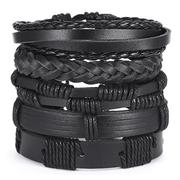 5-pak håndlavede læderarmbånd herrearmbånd Sort Sort Sort