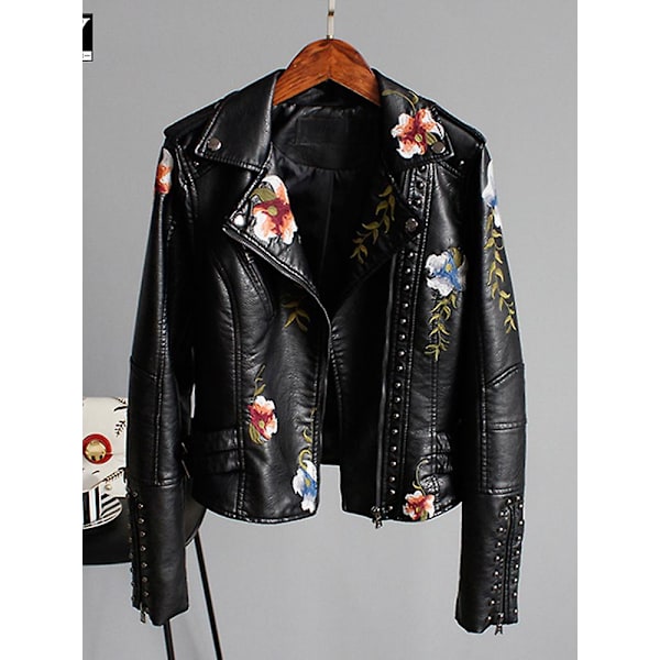 Blomstermønster Print Faux Blød Læderjakke Dame Pu Motorcykel Jakke Kvinde Sort Punk Lynlås Nitte Overtøj Sort Black XXL