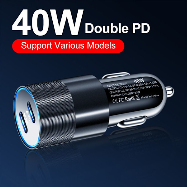 40W USB-C Hurtig Billader 2 Porter Adapter Dobbel Type C SVART