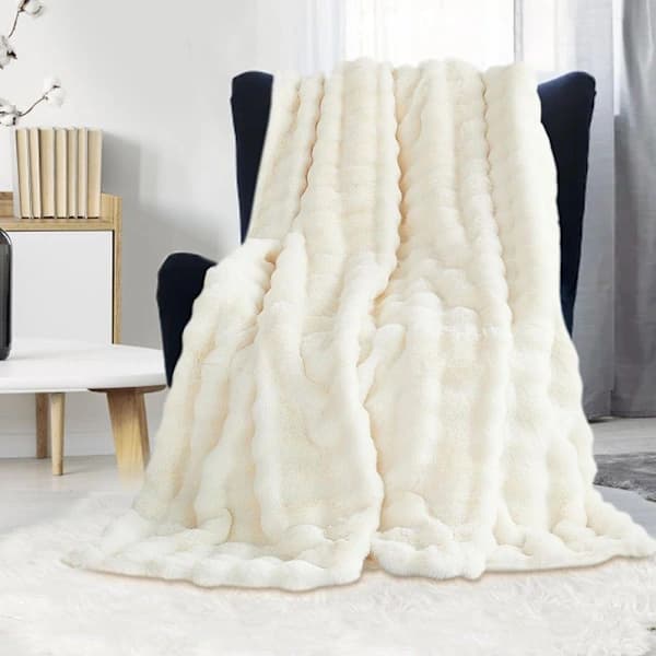 Faux Fur Kastetæppe Blødt Plys Flannel Vendbart til Sofaseng Hvid