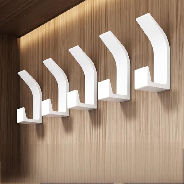 Väggmonterade klädkrokar, 5-pack ABS-plast självhäftande borrfria krokar för rockar, halsdukar och handväskor, vit, 2,8 x 2 x 7,6 cm
