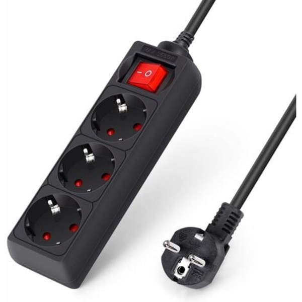 Stikdåse med 3 Stik med Afbryder Overspændingsbeskyttelse Lynbeskyttelse 3 m Kabel Sort 3680w/NC/
