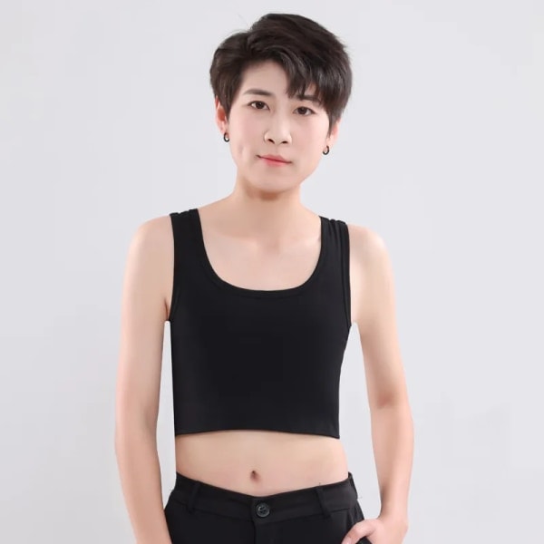 Kvinders flade brystbinder med bandage pullover halv længde korset tank top transboy lesbisk trans undertøj vest brystbinder sort M