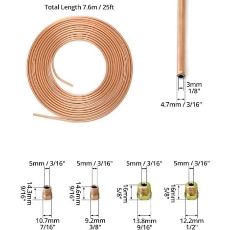 Bromsrör i koppar 7,6 m, Bromsrör, OD 4,76 mm, ID 3,3 mm med 16 muttrar/NC/
