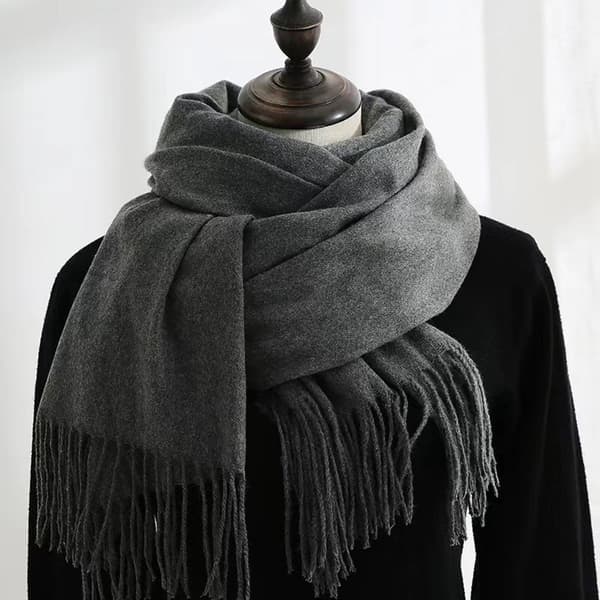Vävd damhalsduk, mjuk imitation av kashmirpolyester, varm fransad sjal för höst vinter, mörkgrå, 70 x 200 cm Dark Heather Grey