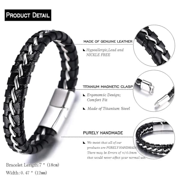 Drenge Børn Ægte Læder Armbånd Sort Titan Sølv Kæde Magnetlås 7 \"/18cm