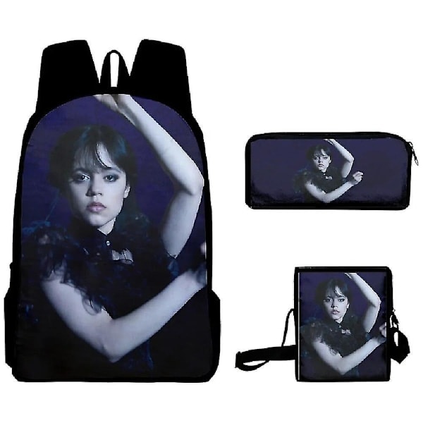 Tredelt sett Wednesday Addams Adams Wednesday Duffel Bag Ryggsekk Sett Skoleveske Portefølje Penal Barnleker Gaver 3PC-5