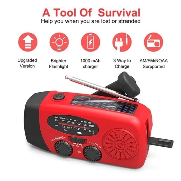 Vevradio med Solceller, Ficklampa och 2000mAh Powerbank SOS Nödsituation - Röd 300 red
