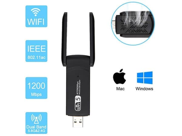 USB Wi-Fi-adapter 1200 Mbps, USB 3.0 Dobbelbånd 2.4G/5 GHz - Windows/Mac/Linux