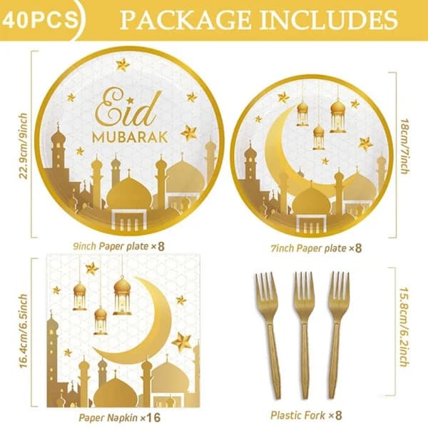 EID Mubarak Engangstallerkener, Kopper og Servietter