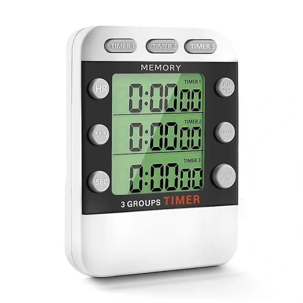 Digital dubbel kökstimer, 3-kanals upp/ner-timer, trippel matlagningstimer, display, högt alarm, lämplig för olika scenarier