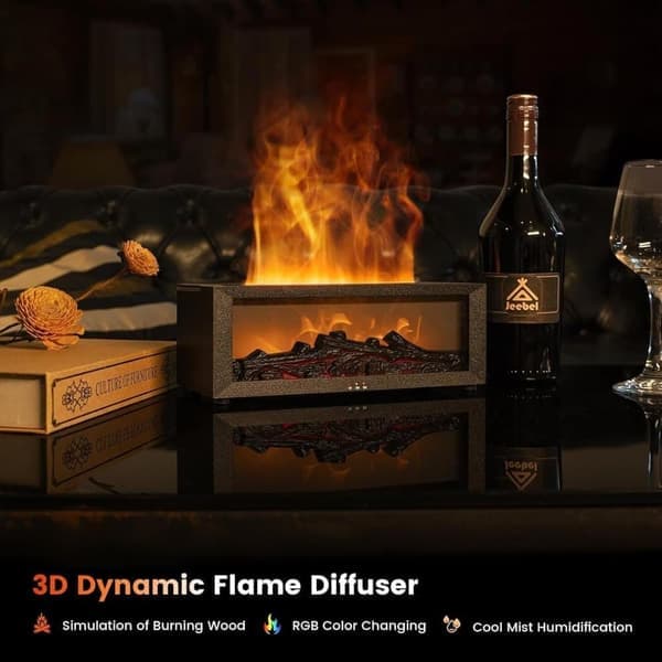 Luftfukter med peisflammer og 7-farget LED, aromaterapi-diffuser med fjernkontroll