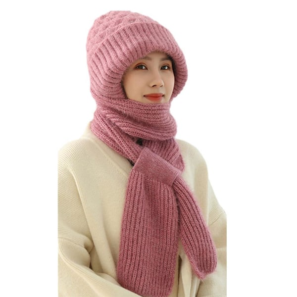 Vintermössa & Halsduk Set med Öronvärmare - Stickad Vindtät Pink One size