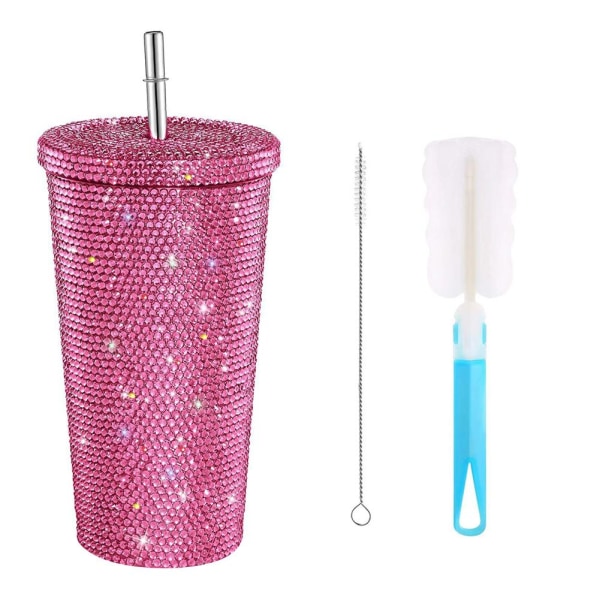 750 ml halmkopp med lock Återanvändbar Rhinestone Rostfritt Stål Dubbel pink 750ml