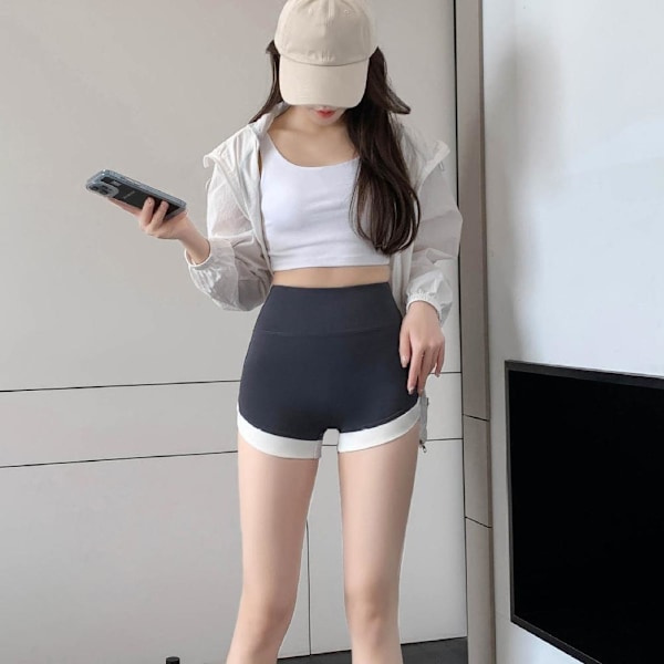 Fitnessbyxor Sport Yoga Shorts Hög Midja Tvåfärgade Sport Gray M