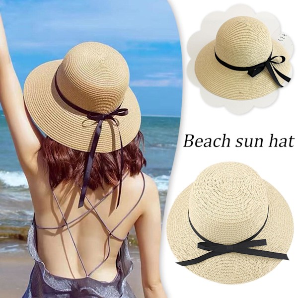 Dam solhatt halm vår sommar floppy strand hopfällbar B beige One-size