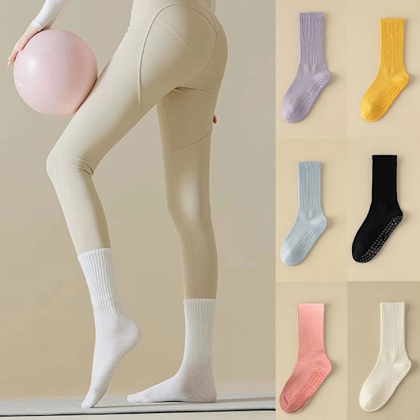 Anti-halk Yoga Strumpor för Kvinnor Fitness Mellanvader Tjocka Strumpor Färgade Strumpor Dansstrumpor Pilates Enfärgade F9m5 Black 1 pair