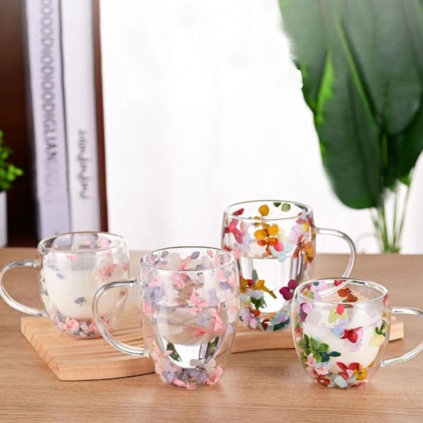 Dubbelväggig Glasmugg Torkad Blomma Fyllning Kvicksandsmugg Dricksvattenglas Muggar C 350ML