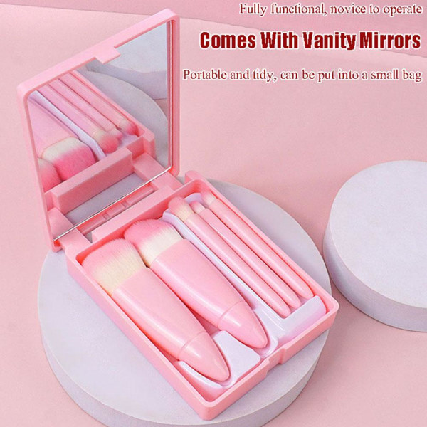 5 st set med inbyggd spegel Fluffy för kosmetika cherry blossom pink set