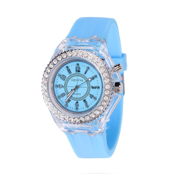 Mode Kvinnor Watch Blixt LED-ljus Crystal Quartz Sp Blue One size