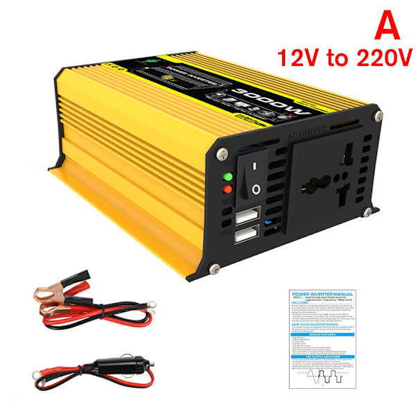 Effektomvandlare 12V till 220V/110V 3000W Ombord Solenergiomvandlare Effekt S6 R8D9 Q9X6 yellowA 220V