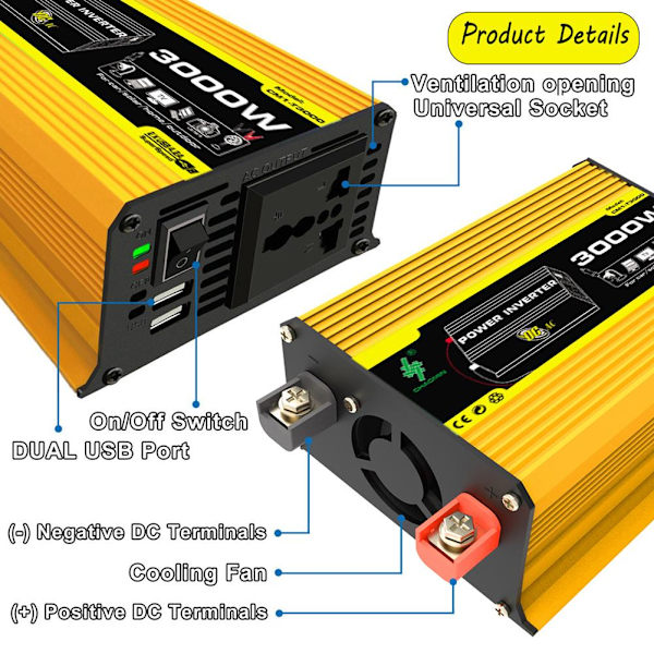 Effektomvandlare 12V till 220V/110V 3000W Ombord Solenergiomvandlare Effekt S6 R8D9 Q9X6 yellowA 220V