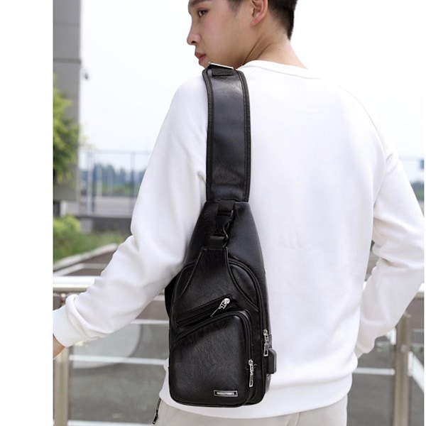 Läder Sling Bag för Kvinnor Män Vuxna Crossbody Bag Bröstväska Sling Ryggsäck M5A6 black 29*16*6cm