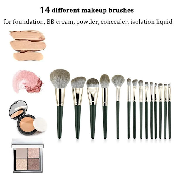 14 st Bärbart Sminkborstset Mjukt Professionellt Sminkborstset Lämpligt För Kvinnors Skönhet L9P8 Green 14pcs