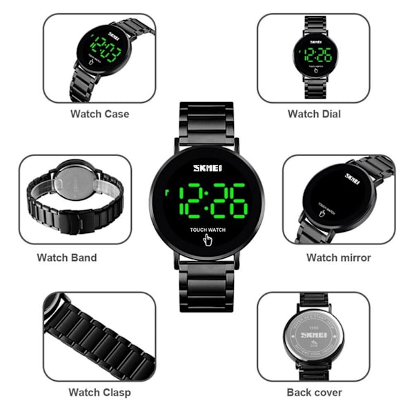 Skmei 1550 LED Klocka Enkel Modeklocka Stålarmband Vattentät Klocka Digital Display T9H2 Black One size