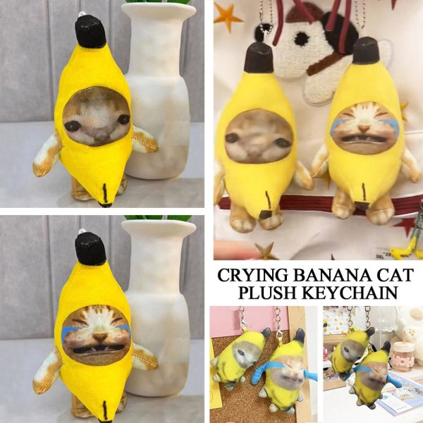 Banan Cat Happy Cat Söt rolig nyckel hänge nyckelring TOP Silent banana cat Small