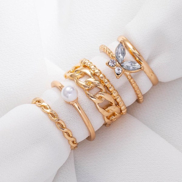 Fashion Butterfly Crystal Pearl Rings Set Kvinnor Finger Rings Adj B One size