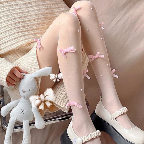 Mieeyali Kvinnor Y2K Rosett Pärlstrumpbyxor Söta Kawaii Spets Fisknätsstrumpor I4Q7 H7X7 White+pink one-size