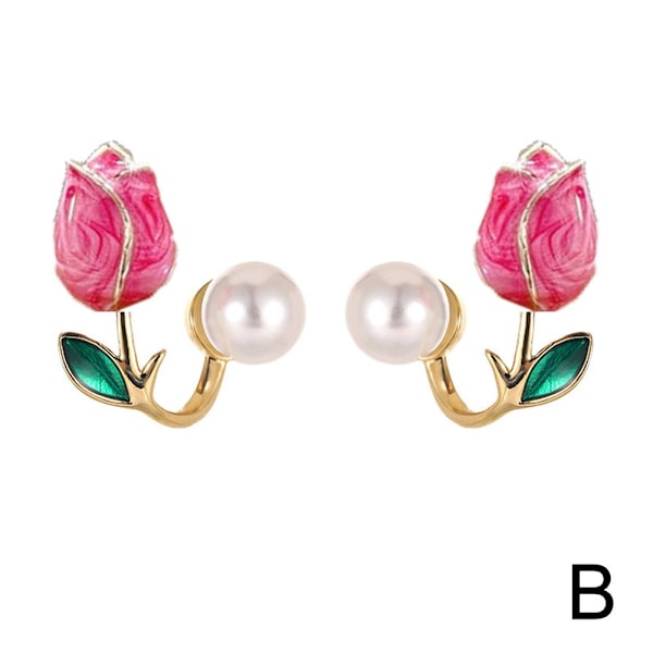 Tulip Pearl Stud Earring, Pink Purple Flower Ear Studs för kvinnor Rose Red One size