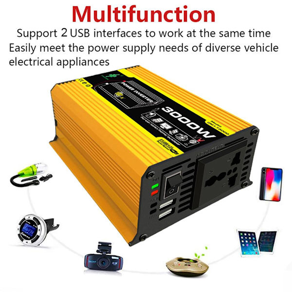 Effektomvandlare 12V till 220V/110V 3000W Ombord Solenergiomvandlare Effekt S6 R8D9 Q9X6 yellowA 220V