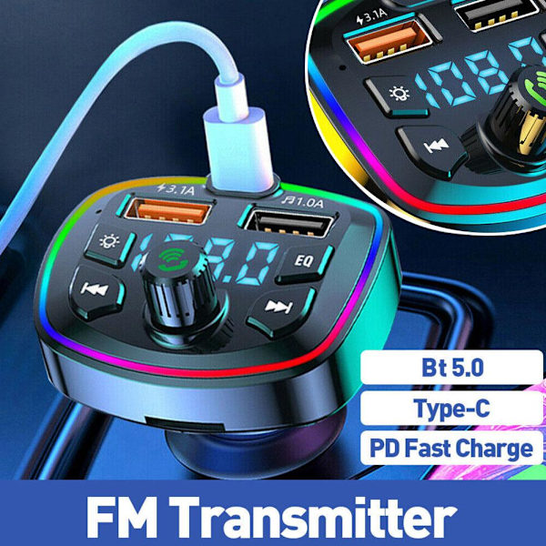 Bluetooth 5.0 Bil Trådlös FM-sändare Adapter 2USB PD Laddare AUX2025