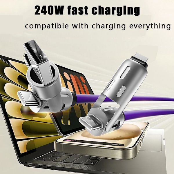 240W 4-i-1 USB-C-kabel, USB C-kabel 1,2 m, Multi USB-laddningskabel Purple 1.2m